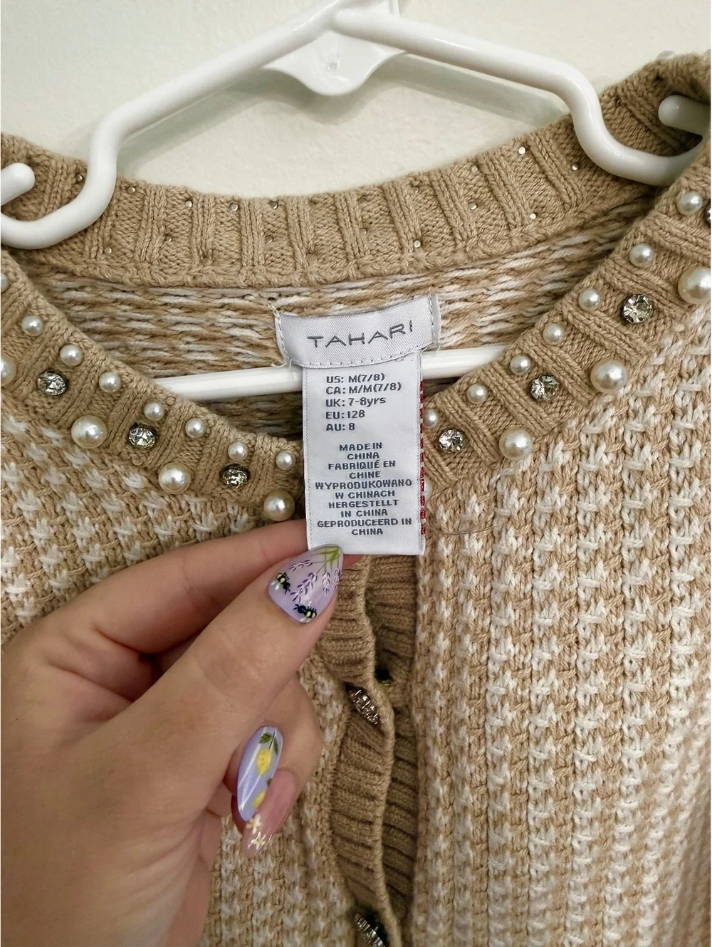 Tahari Girls' Knit Cardigan Sweater with Pearl and Rhinestone Detail Size 7-8 Y